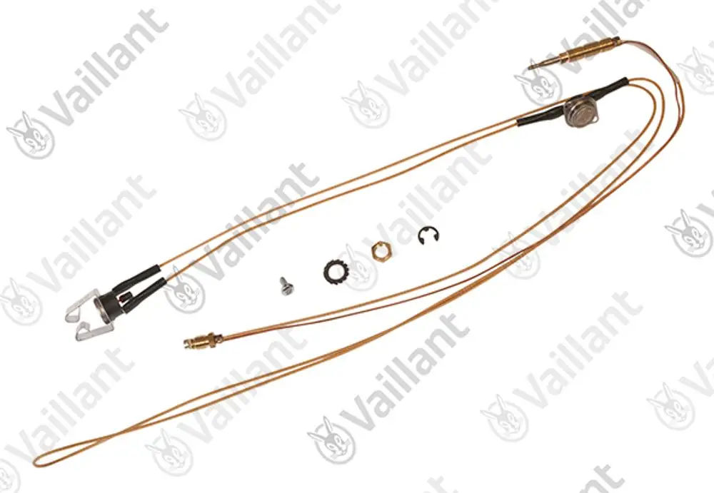 Vaillant Thermoelement mit zwei Anschlussdrähten und mehreren Befestigungselementen. Komponenten sind klar erkennbar und auf einem weißen Hintergrund angeordnet.